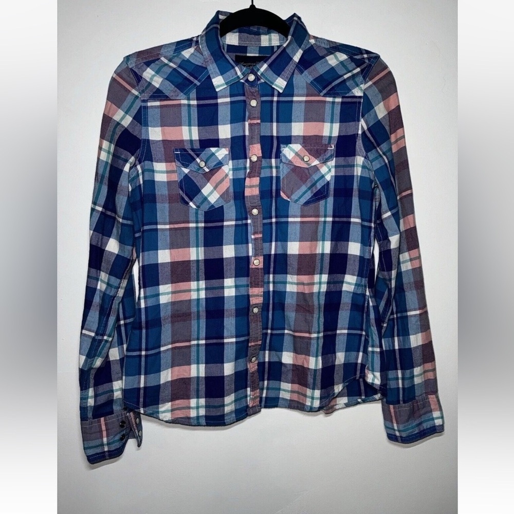 Y2K American Eagle medium Plaid flannel snap pearl Button Down Shirt blue pink